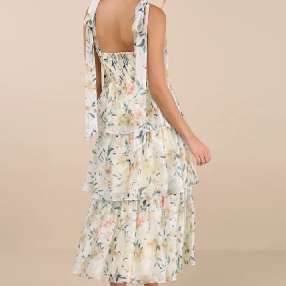 Lulu's Cream Floral Backless Tiered Midi Dress with Tie Straps